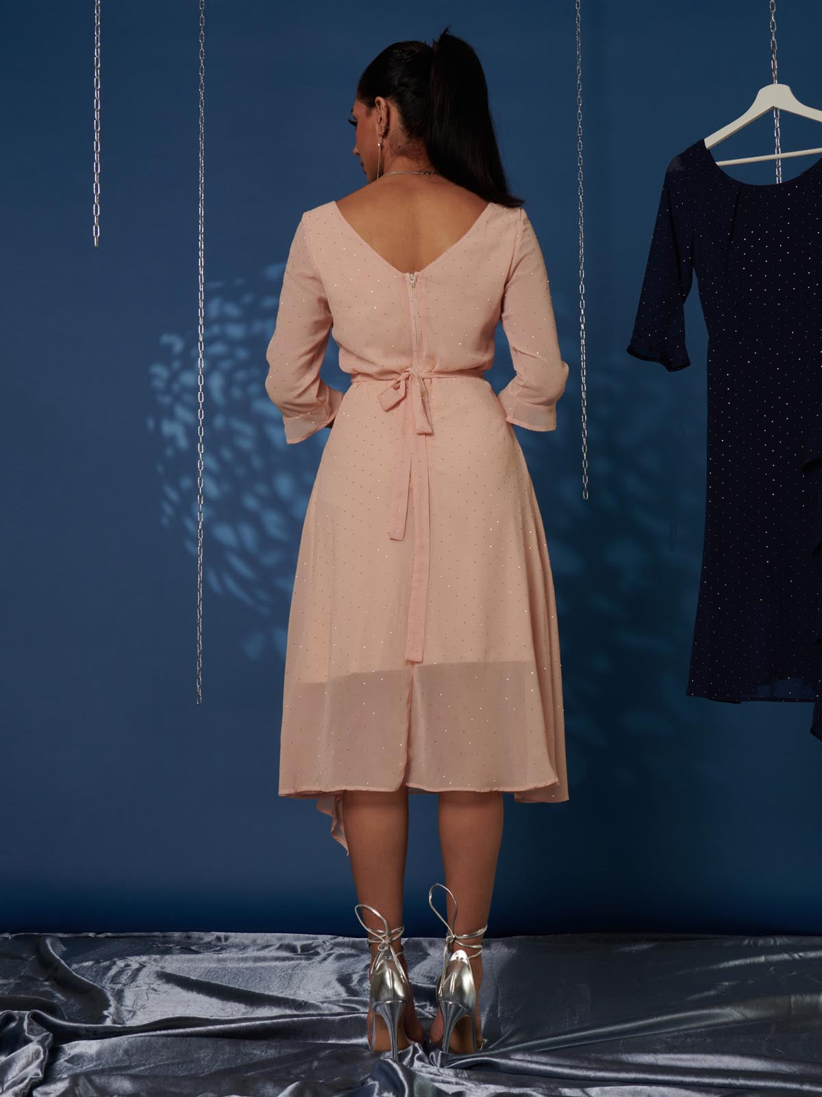 Diamante Embellished Chiffon Midi Dress, Nude