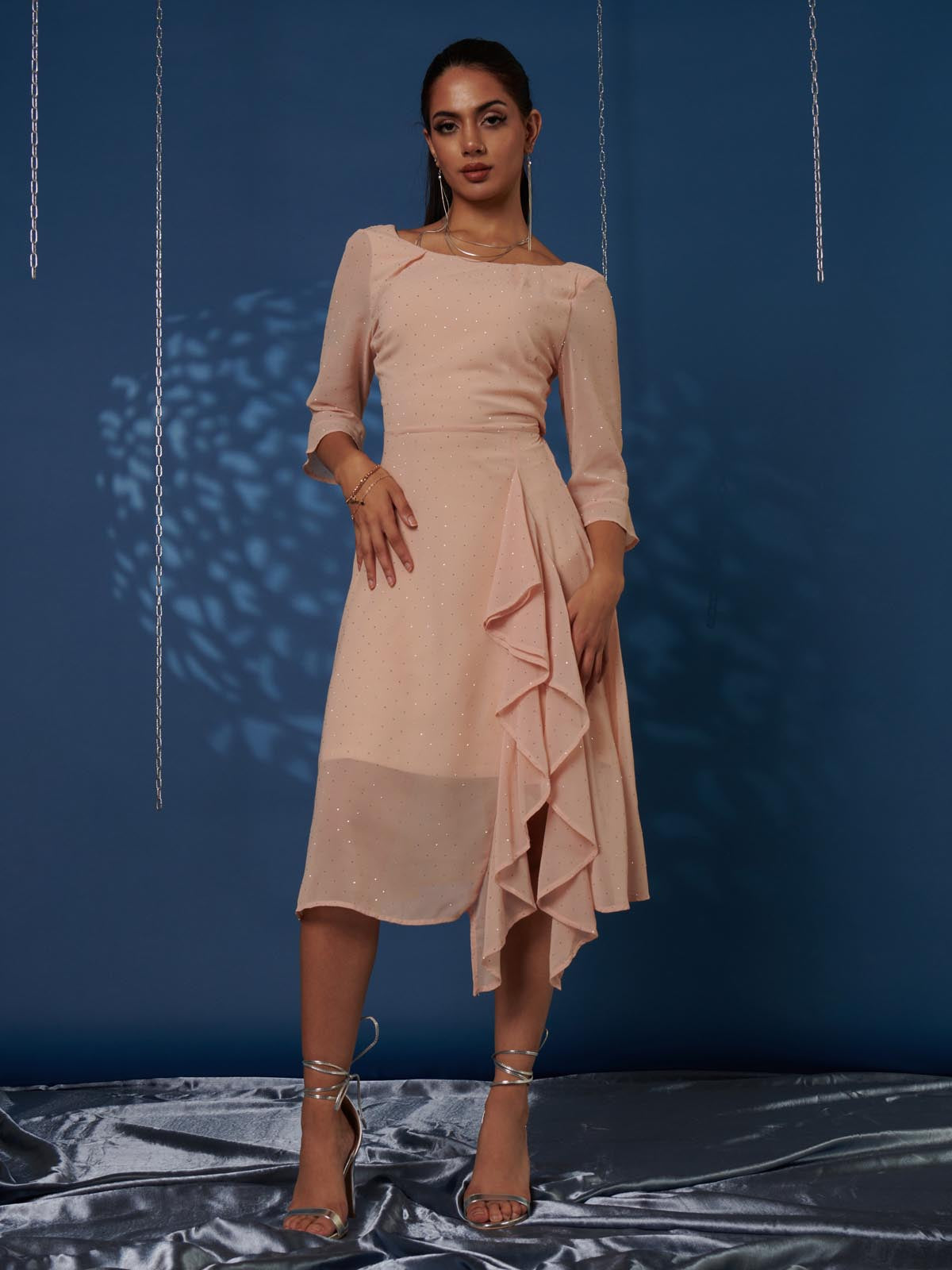 Diamante Embellished Chiffon Midi Dress, Nude