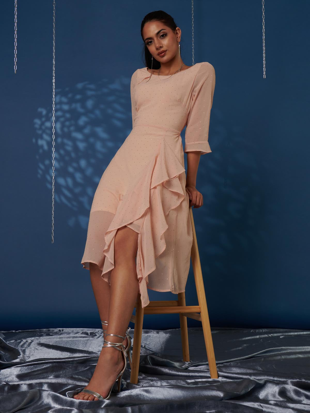 Diamante Embellished Chiffon Midi Dress, Nude