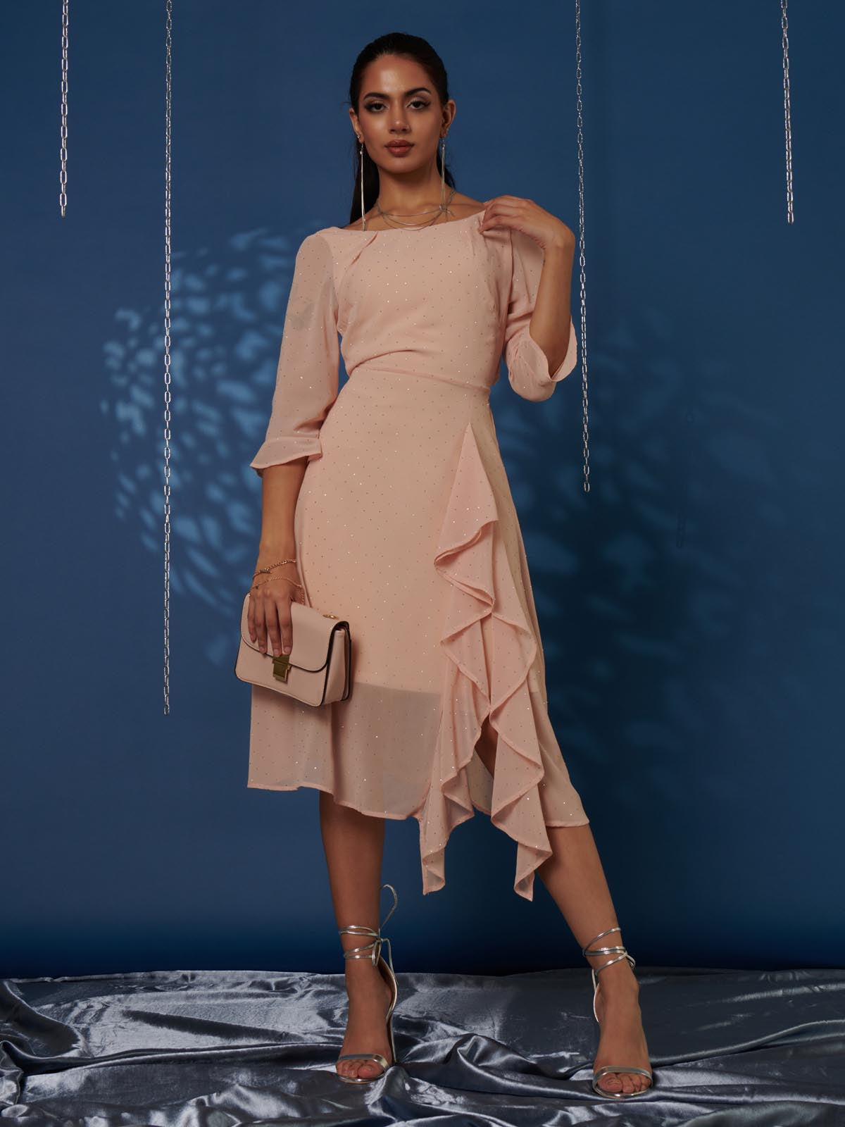Diamante Embellished Chiffon Midi Dress, Nude