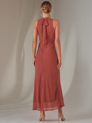Halter Neck Open Back Chiffon Maxi Dress, Dark Coral