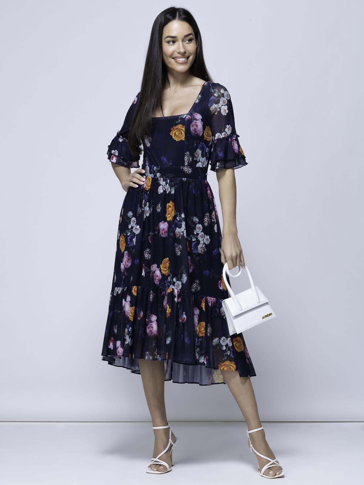 Carlene Mesh Square Neck Midi Dress, Navy Orange Floral