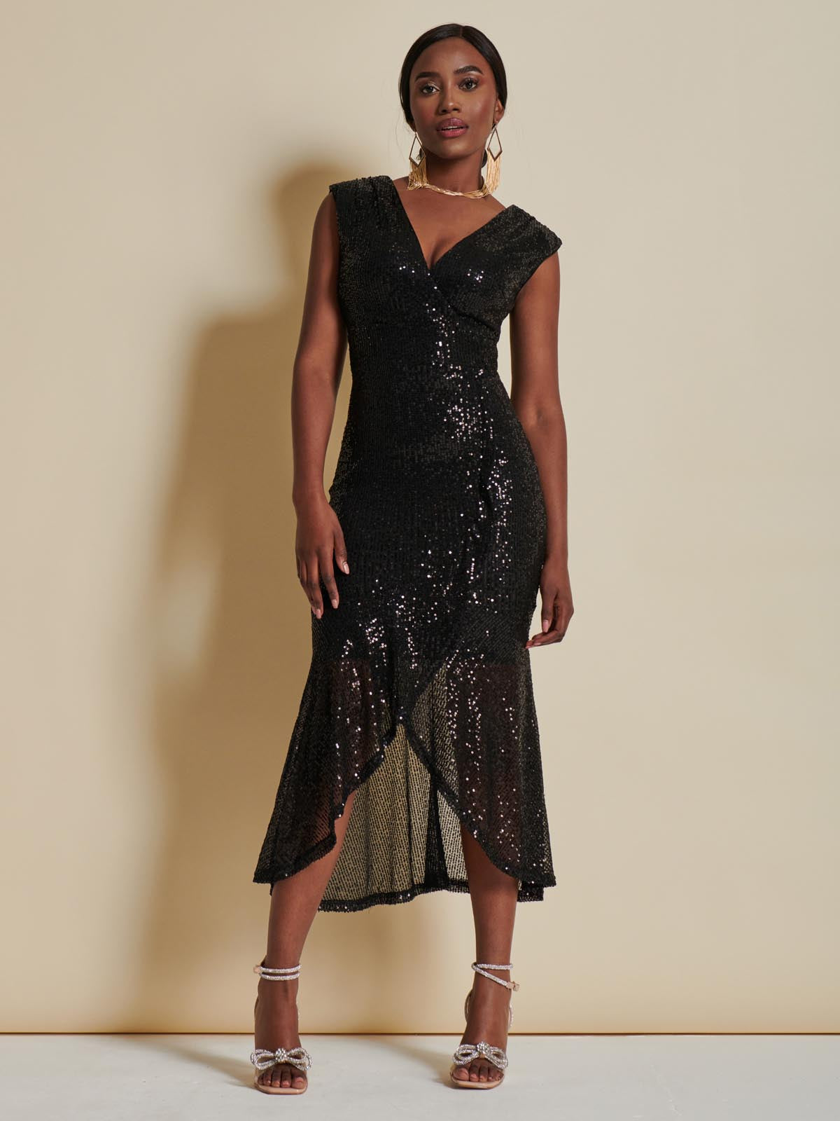 Sequin Wrap Fishtail Maxi Dress, Black