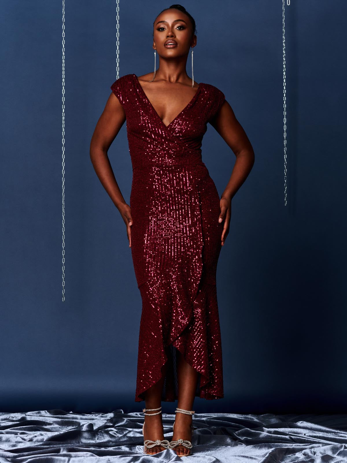 Sequin Wrap Fishtail Maxi Dress, Burgundy
