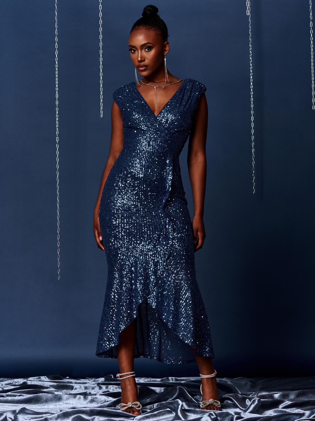 Sequin Wrap Fishtail Maxi Dress, Navy