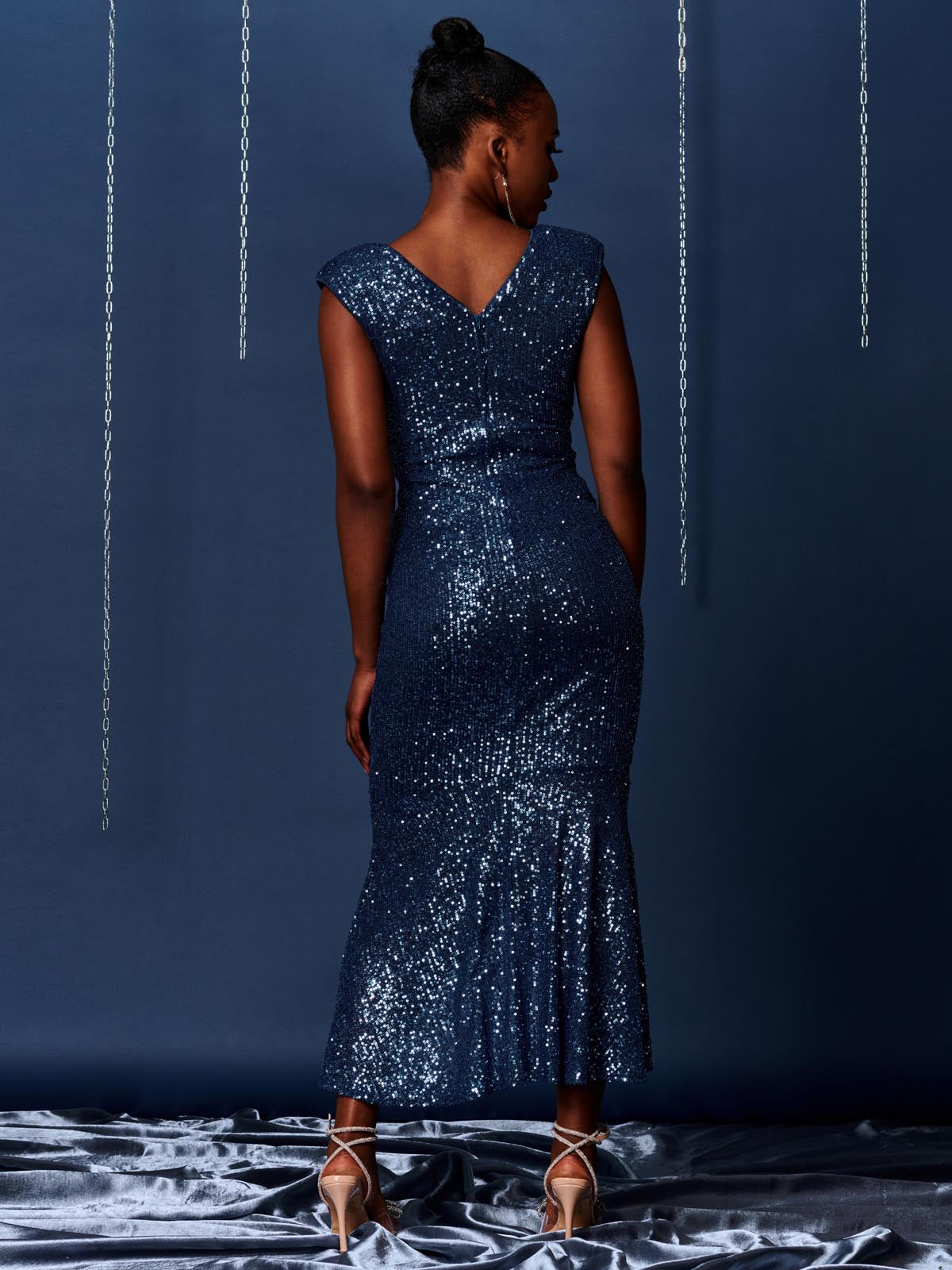 Sequin Wrap Fishtail Maxi Dress, Navy