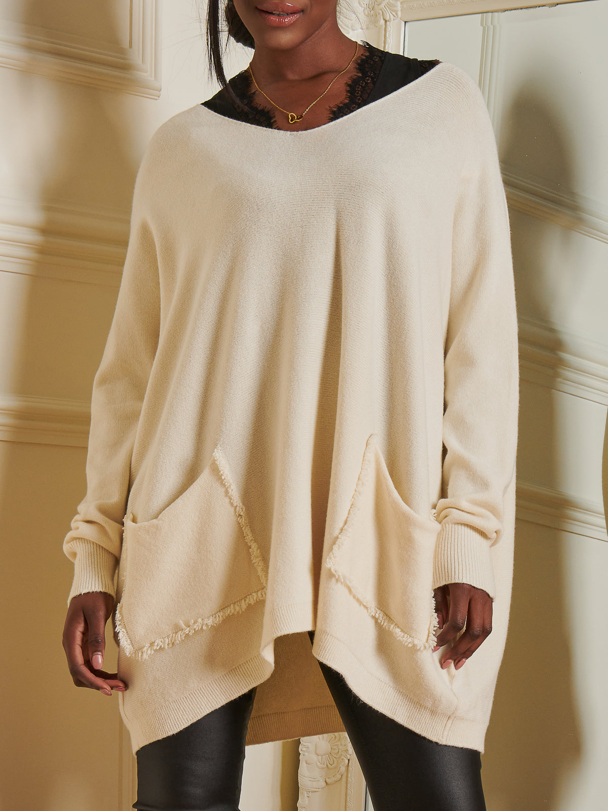 Made In Italy Loose Fit Pocket Knit Jumper, Cream
