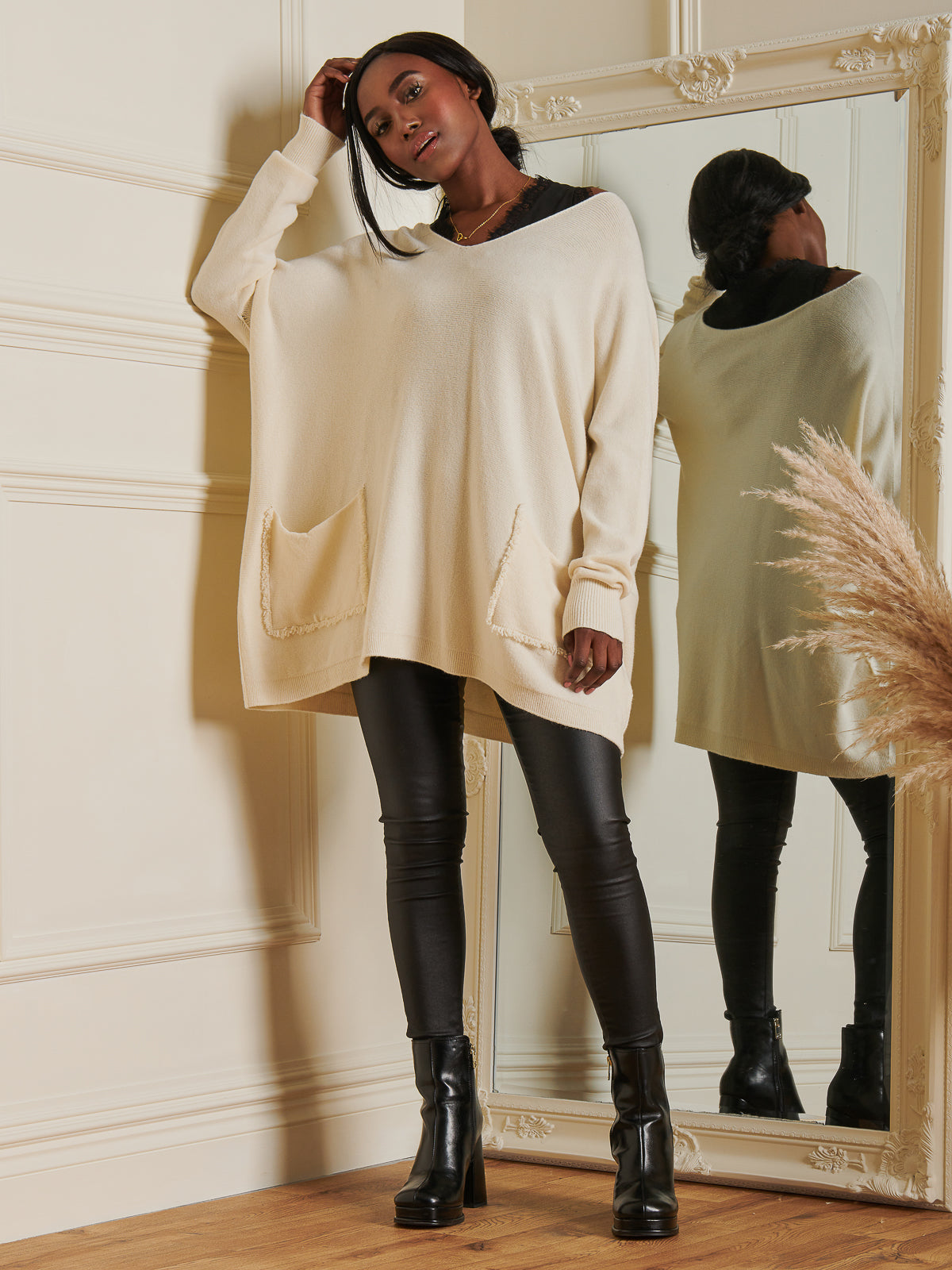 Made In Italy Loose Fit Pocket Knit Jumper, Cream