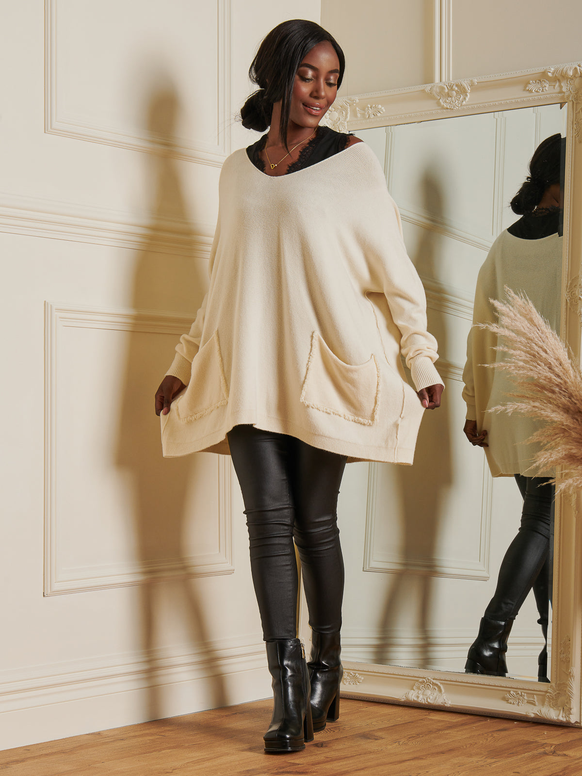 Made In Italy Loose Fit Pocket Knit Jumper, Cream