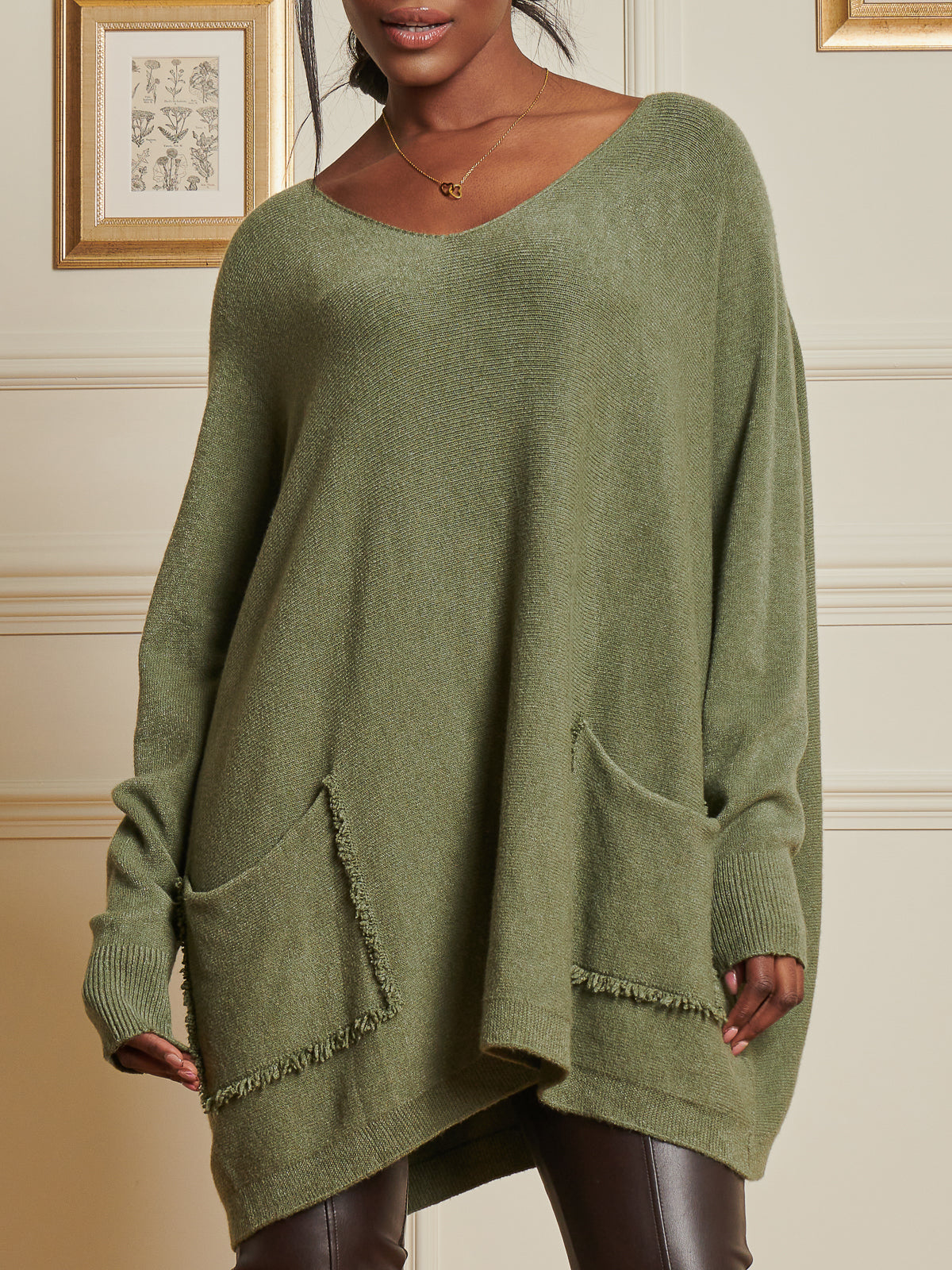 Made In Italy Loose Fit Pocket Knit Jumper, Soldier Green