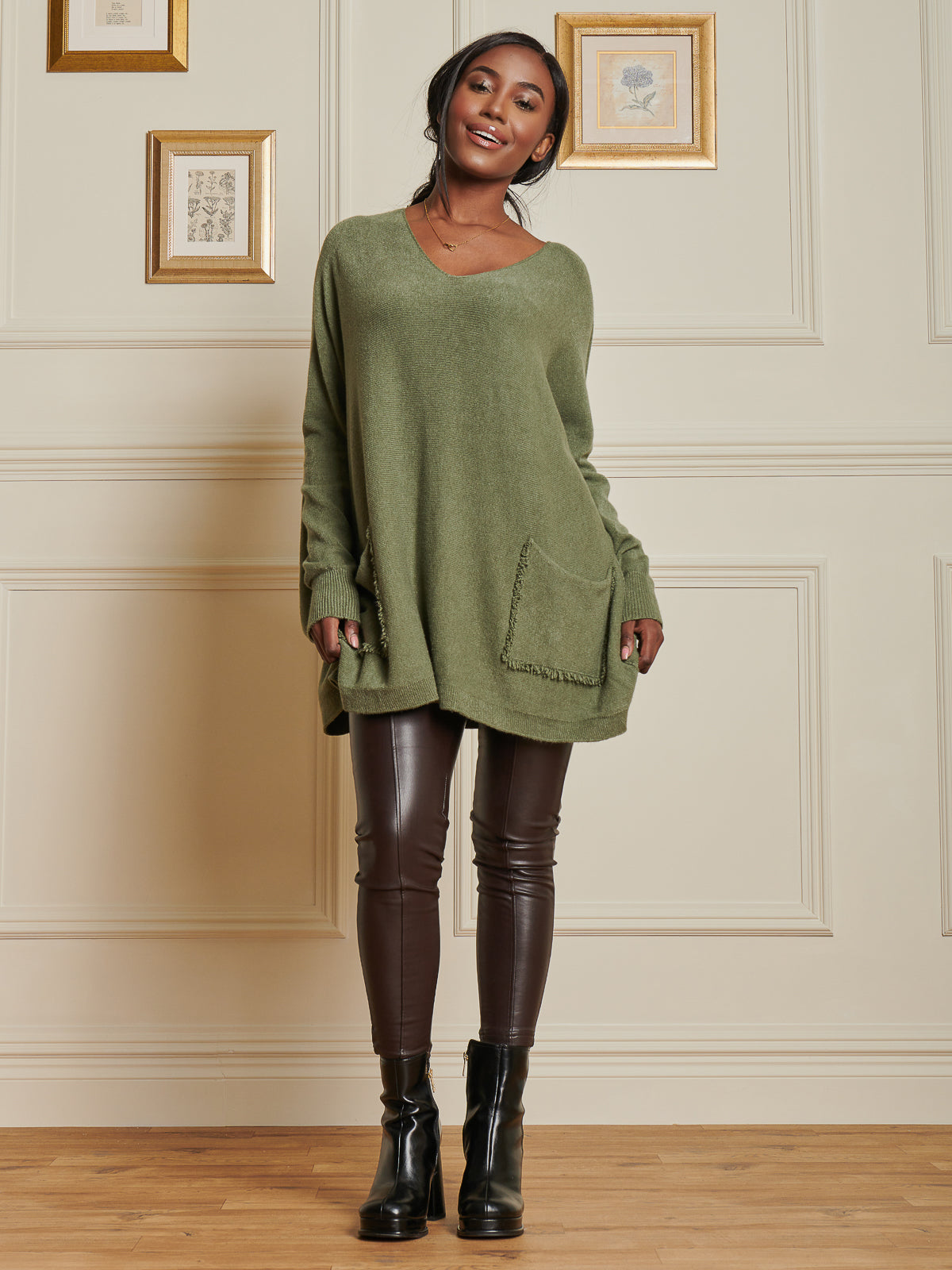 Made In Italy Loose Fit Pocket Knit Jumper, Soldier Green