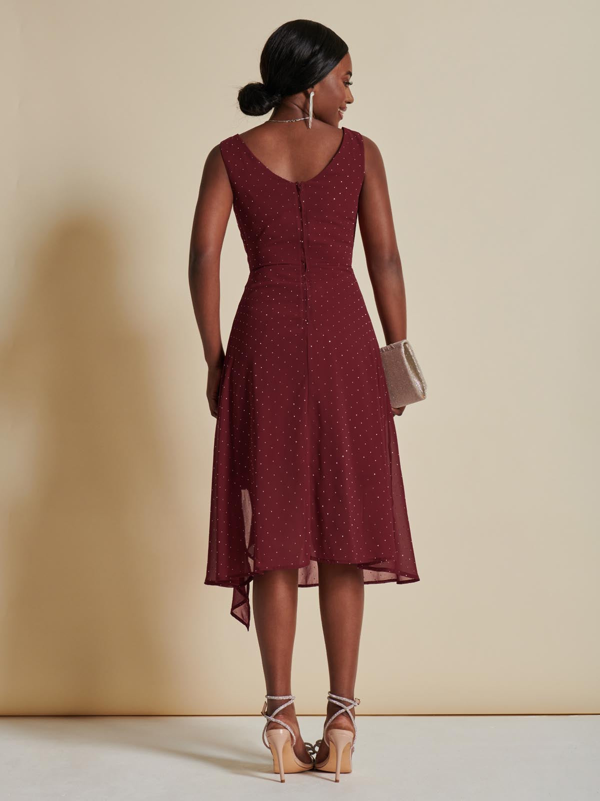 Embellished Frill Hem Chiffon Dress, Burgundy