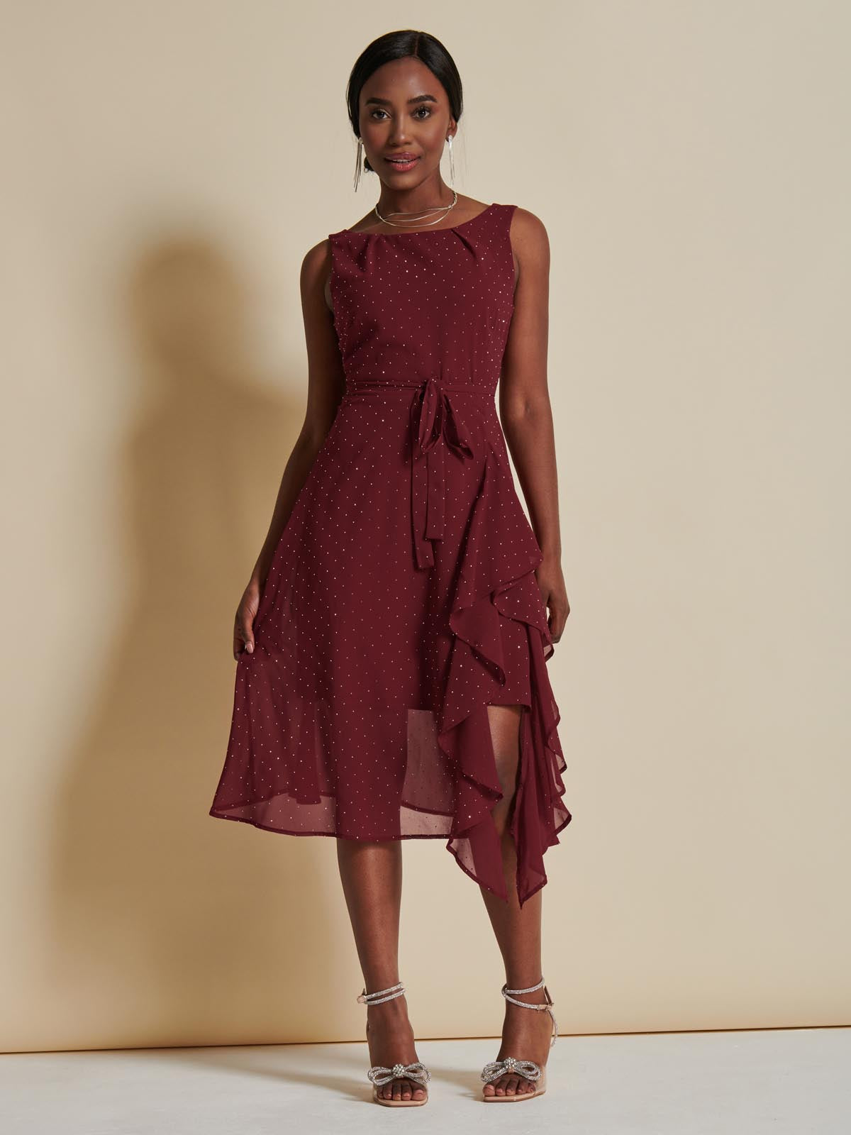 Embellished Frill Hem Chiffon Dress, Burgundy