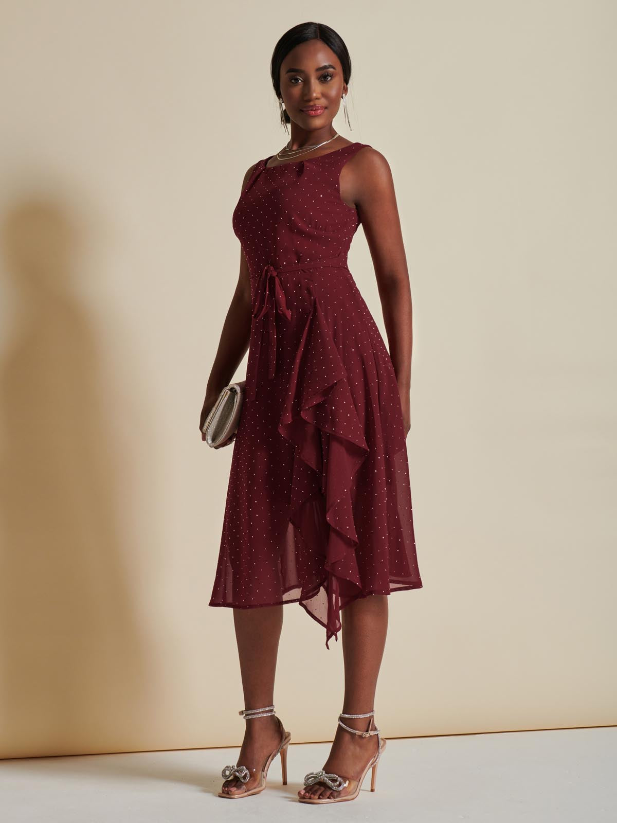 Embellished Frill Hem Chiffon Dress, Burgundy