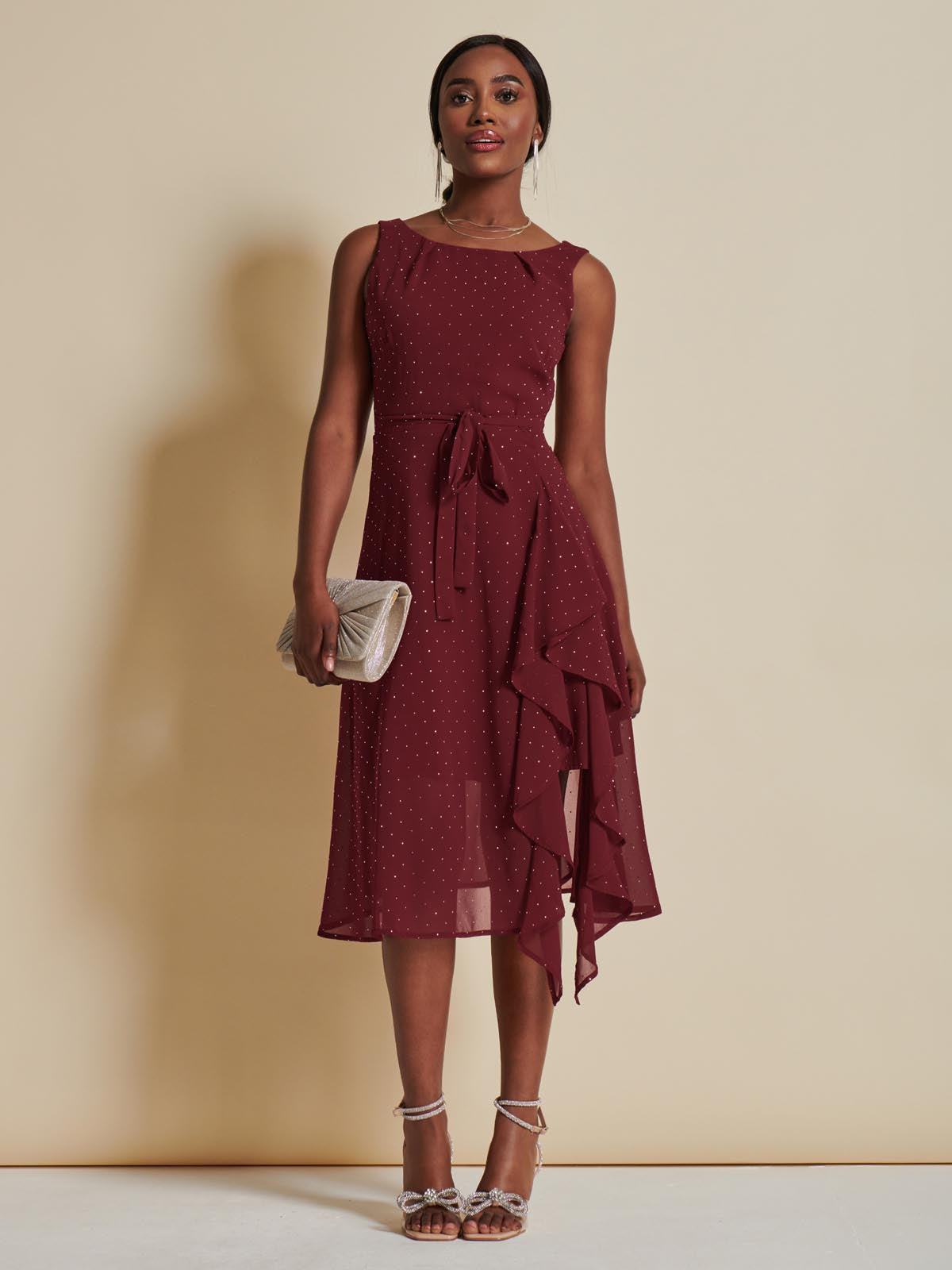Embellished Frill Hem Chiffon Dress, Burgundy