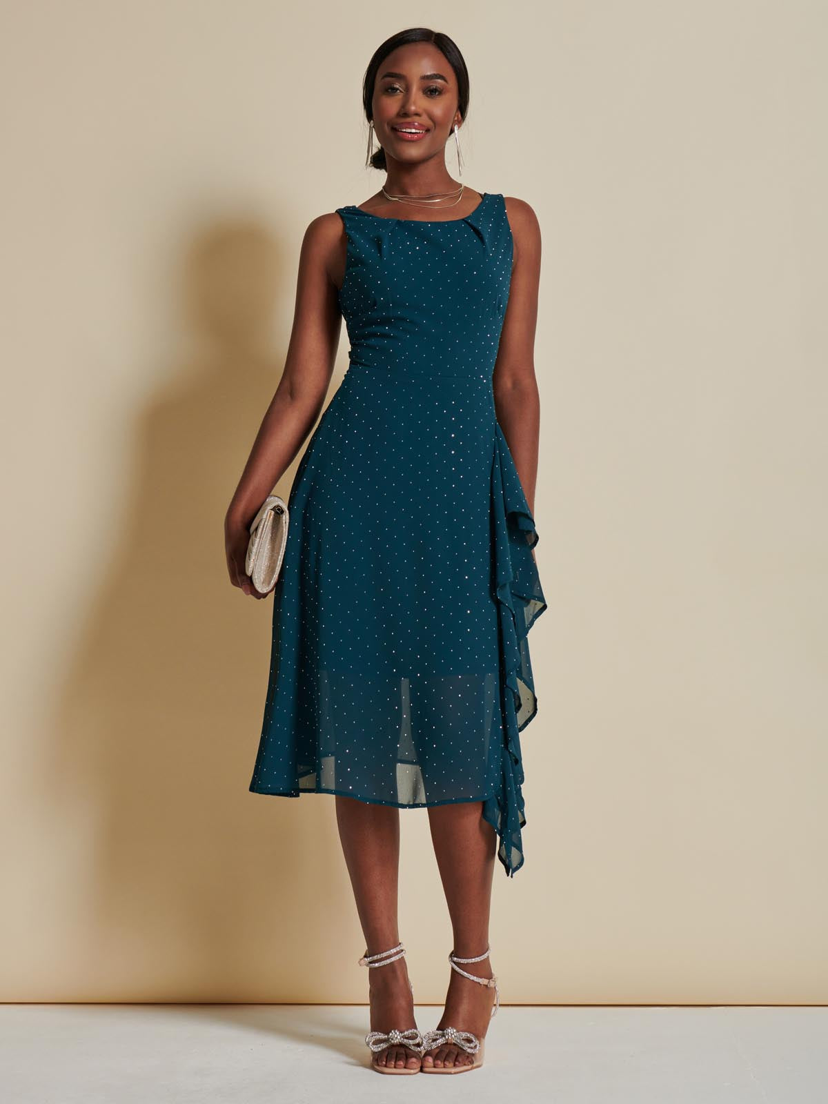 Embellished Frill Hem Chiffon Dress, Teal