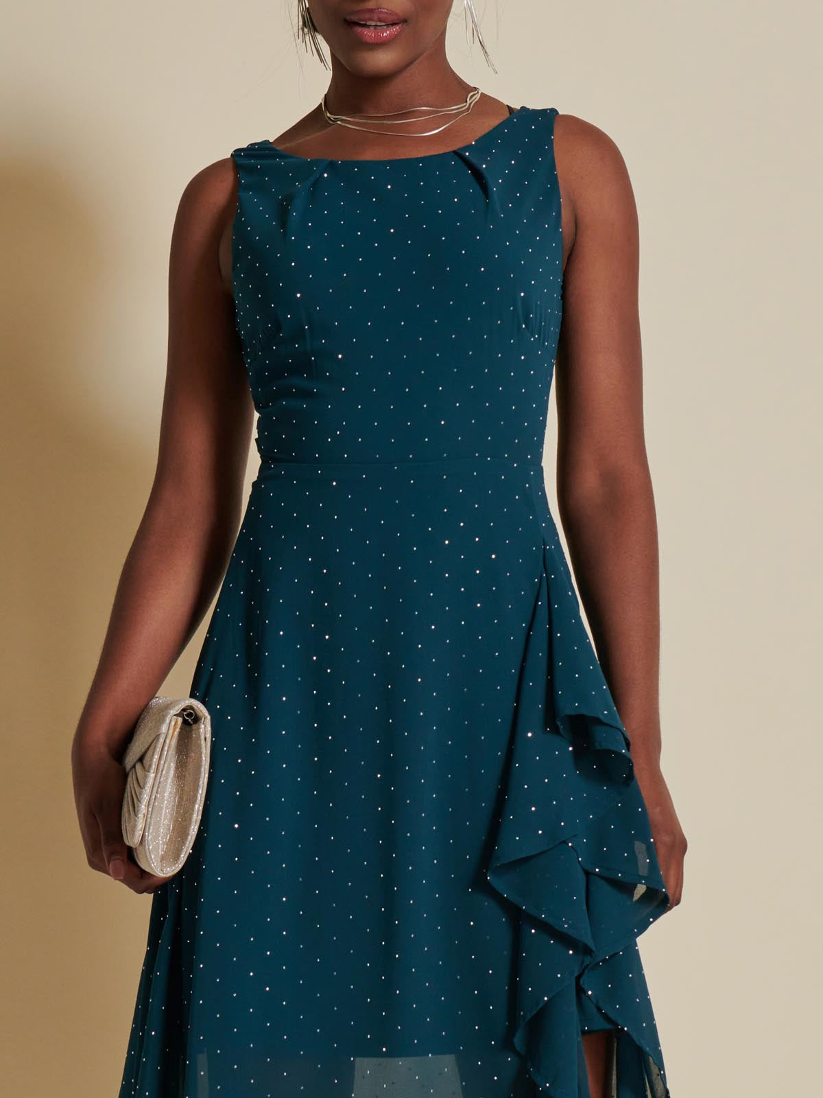 Embellished Frill Hem Chiffon Dress, Teal