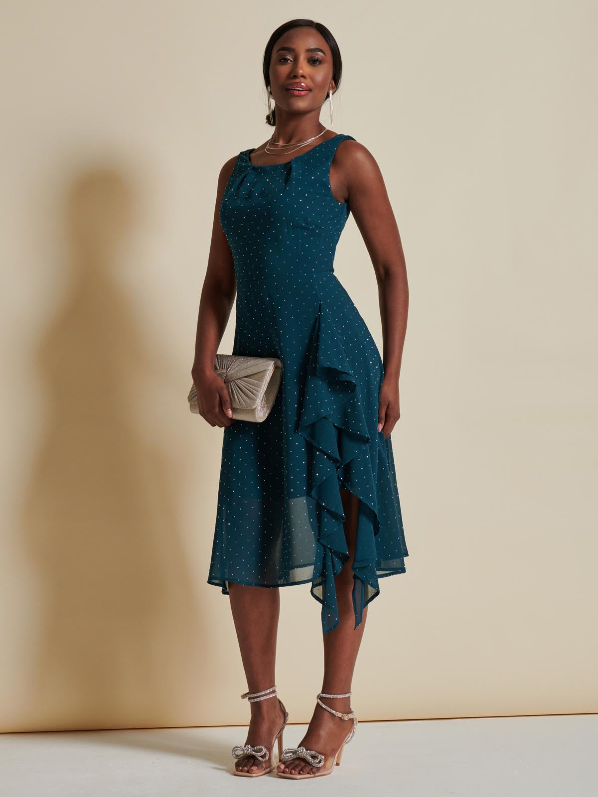 Embellished Frill Hem Chiffon Dress, Teal