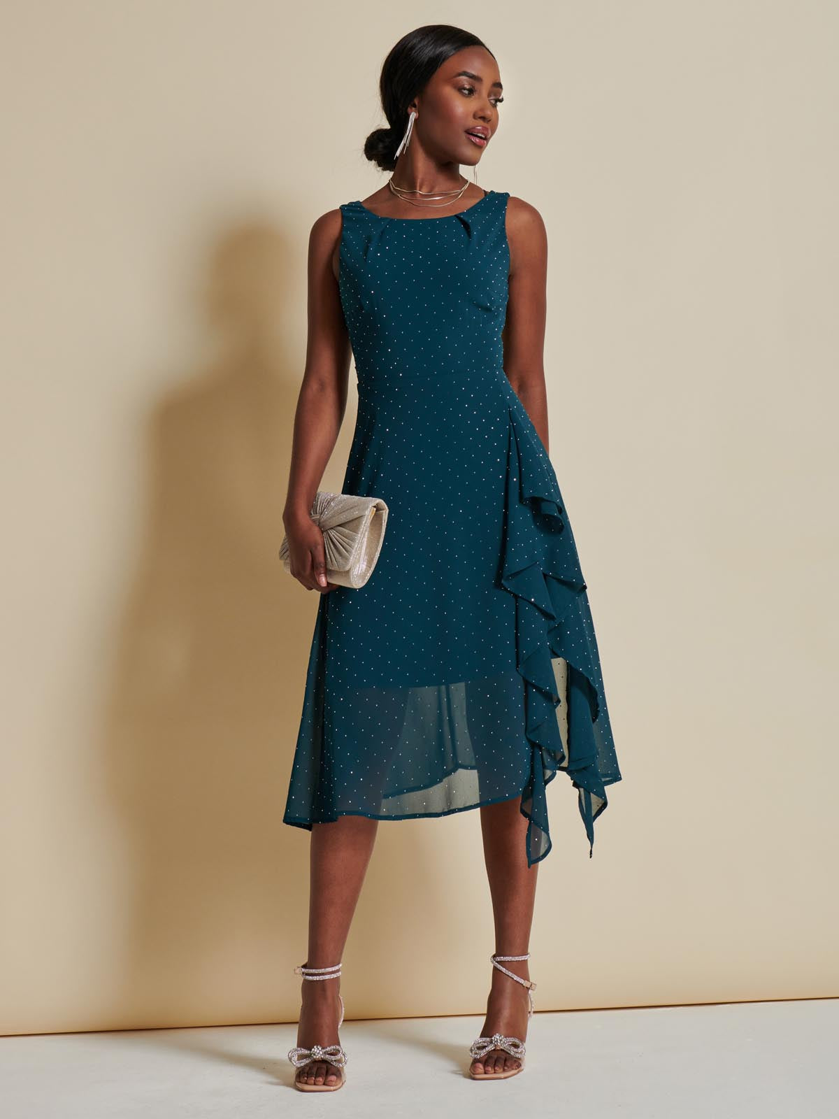 Embellished Frill Hem Chiffon Dress, Teal