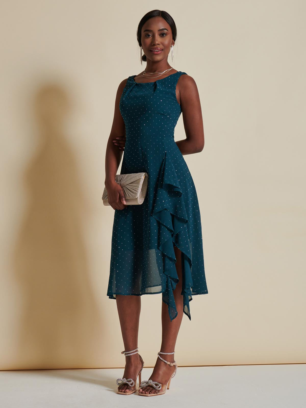 Embellished Frill Hem Chiffon Dress, Teal