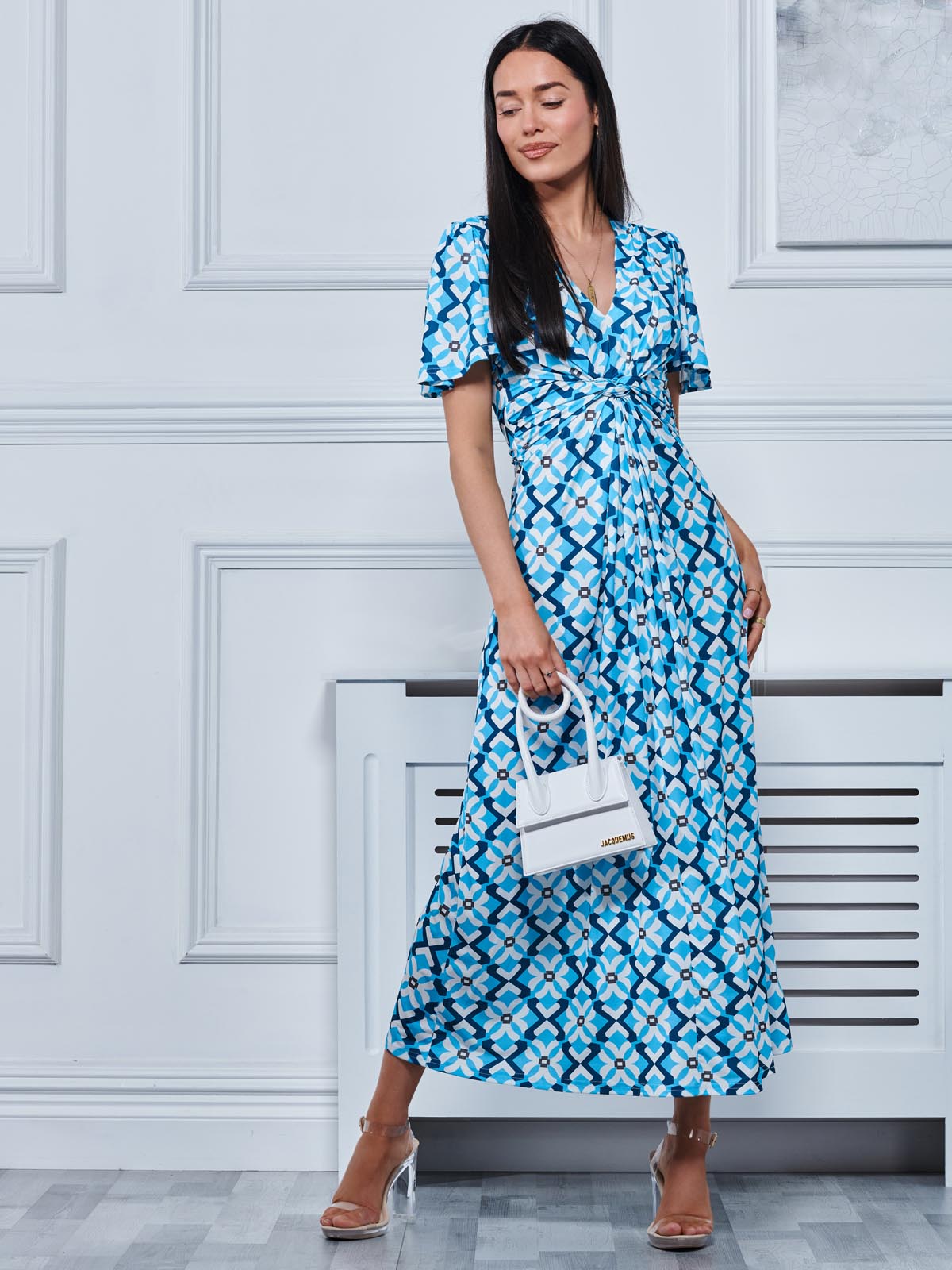 Twist Front Jersey Maxi Dress, Blue Geo