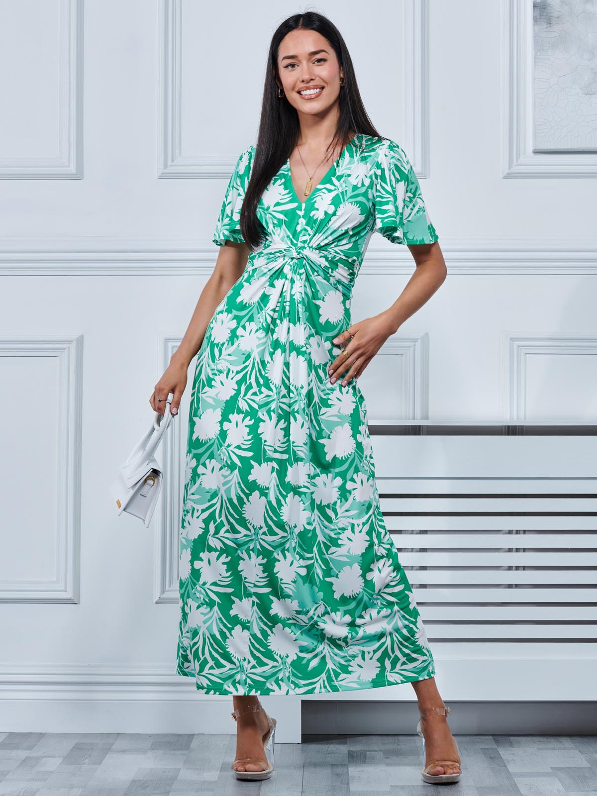 Twist Front Jersey Maxi Dress, Green Floral