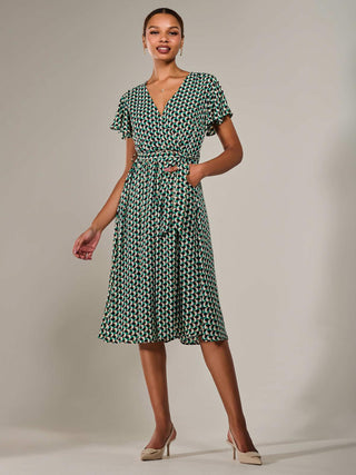 Short Sleeve Side Tie Midi Dress, Green Geo