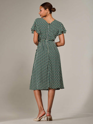 Short Sleeve Side Tie Midi Dress, Green Geo