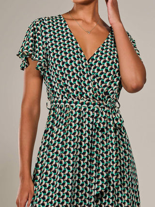 Short Sleeve Side Tie Midi Dress, Green Geo