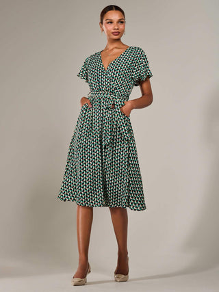Short Sleeve Side Tie Midi Dress, Green Geo