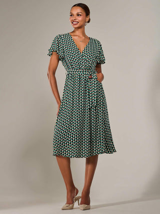 Short Sleeve Side Tie Midi Dress, Green Geo