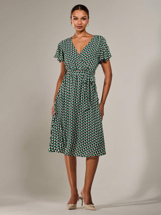 Short Sleeve Side Tie Midi Dress, Green Geo