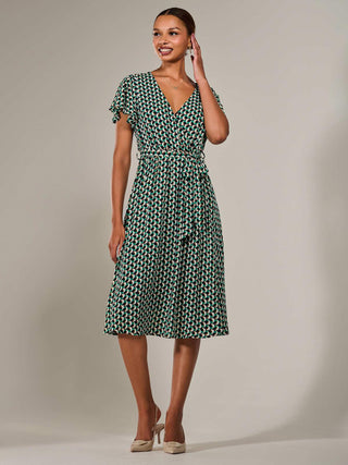 Short Sleeve Side Tie Midi Dress, Green Geo