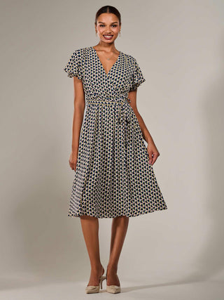 Short Sleeve Side Tie Midi Dress, Pink Geo