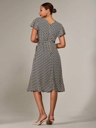 Short Sleeve Side Tie Midi Dress, Pink Geo