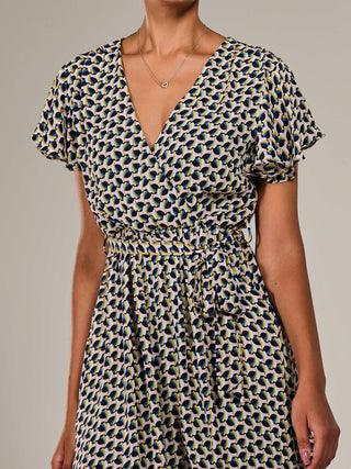 Short Sleeve Side Tie Midi Dress, Pink Geo