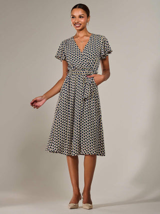 Short Sleeve Side Tie Midi Dress, Pink Geo