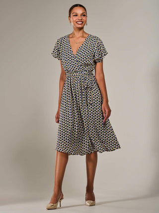 Short Sleeve Side Tie Midi Dress, Pink Geo