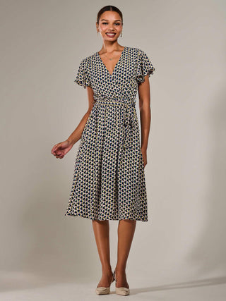 Short Sleeve Side Tie Midi Dress, Pink Geo