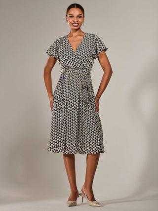 Short Sleeve Side Tie Midi Dress, Pink Geo