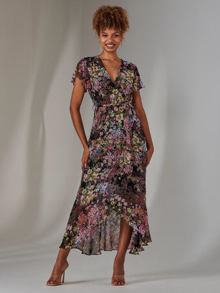 Chiffon Print Frill Dip Hem Maxi Dress, Black Floral