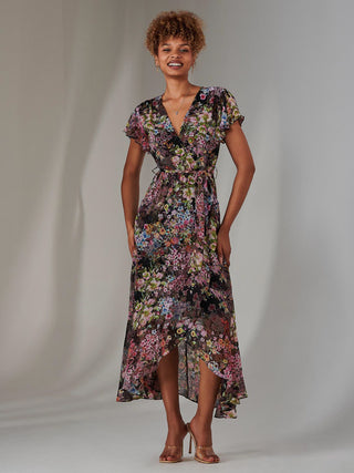 Chiffon Print Frill Dip Hem Maxi Dress, Black Floral