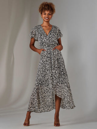 Chiffon Print Frill Dip Hem Maxi Dress, Black Spot