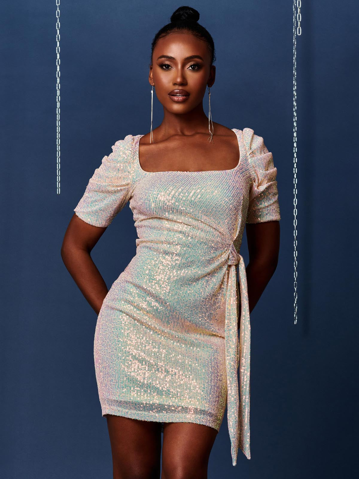 Sequin Square Neck Pencil Dress, Cream