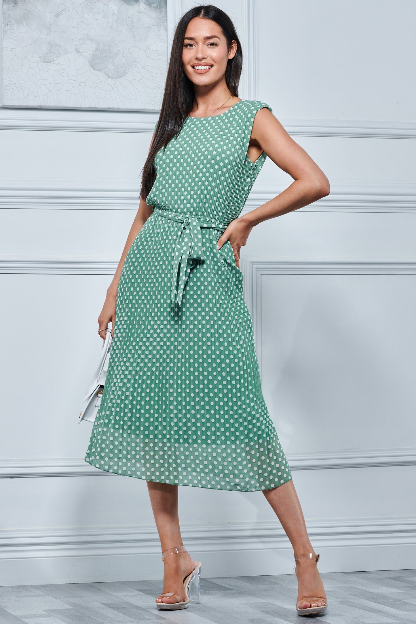 Hayes Pleated Chiffon Midi Dress, Green Polka