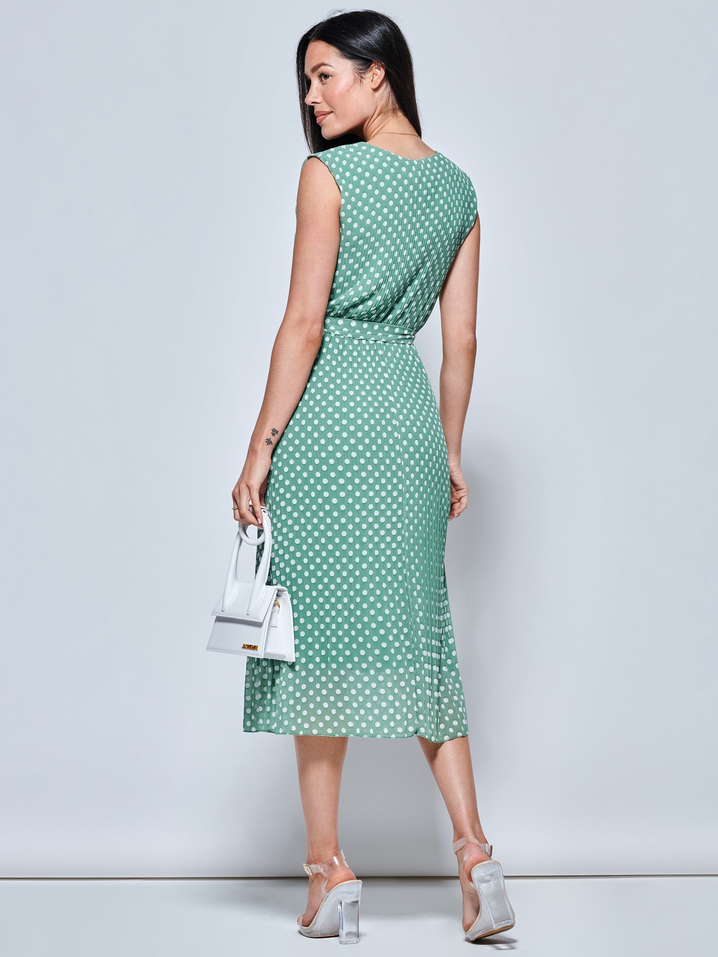Hayes Pleated Chiffon Midi Dress, Green Polka