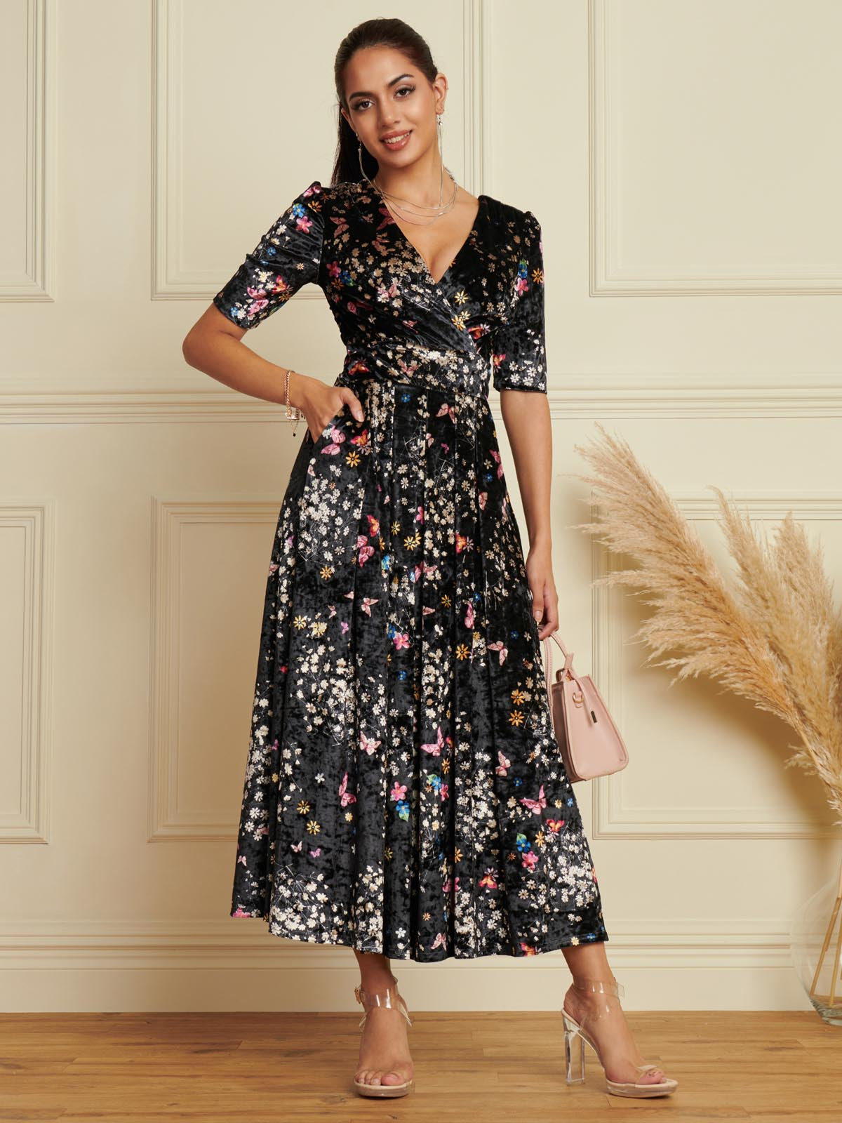 Floral Print Velvet Maxi Dress, Black Butterfly