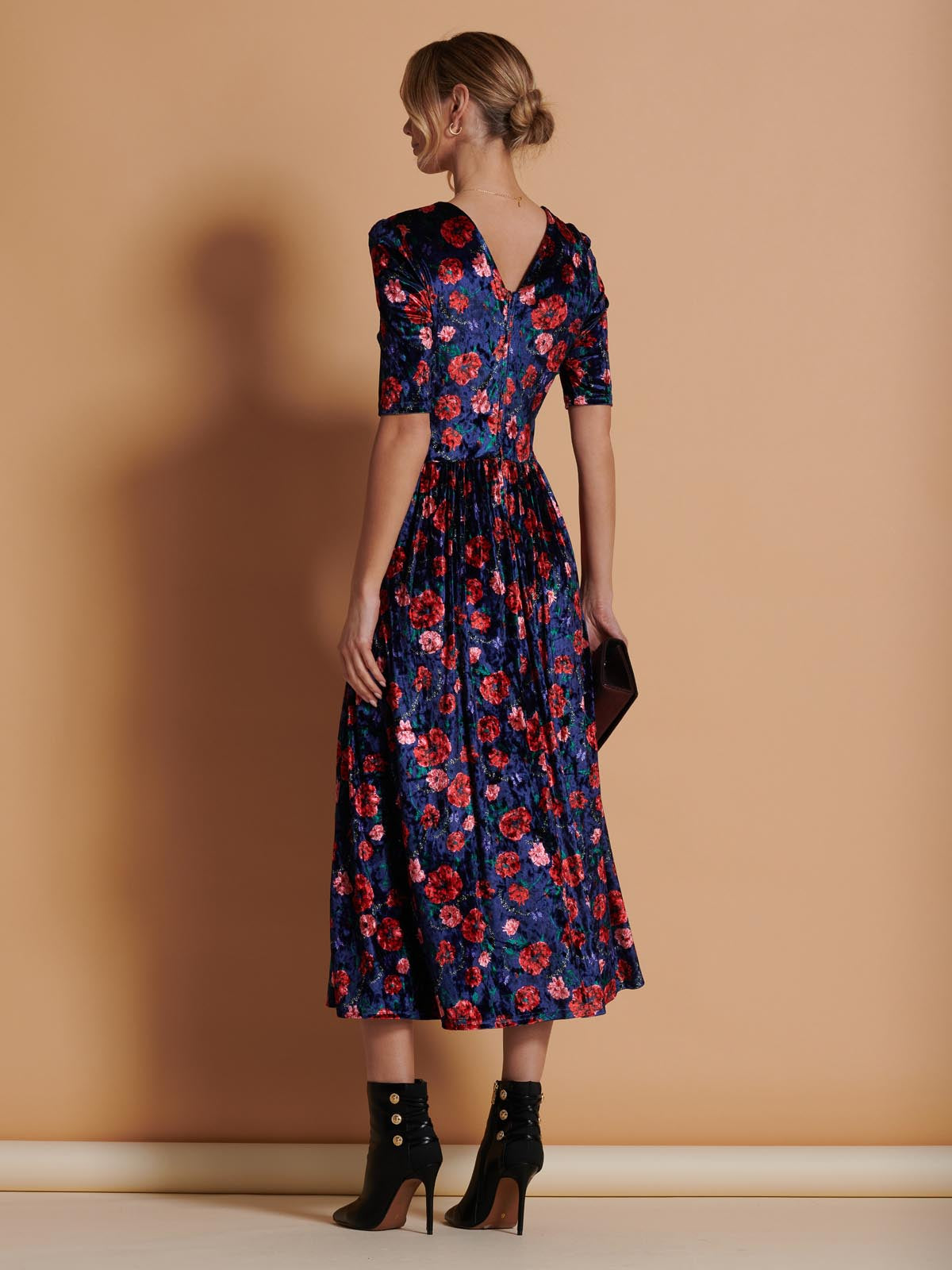 Floral Print Velvet Maxi Dress, Navy Floral