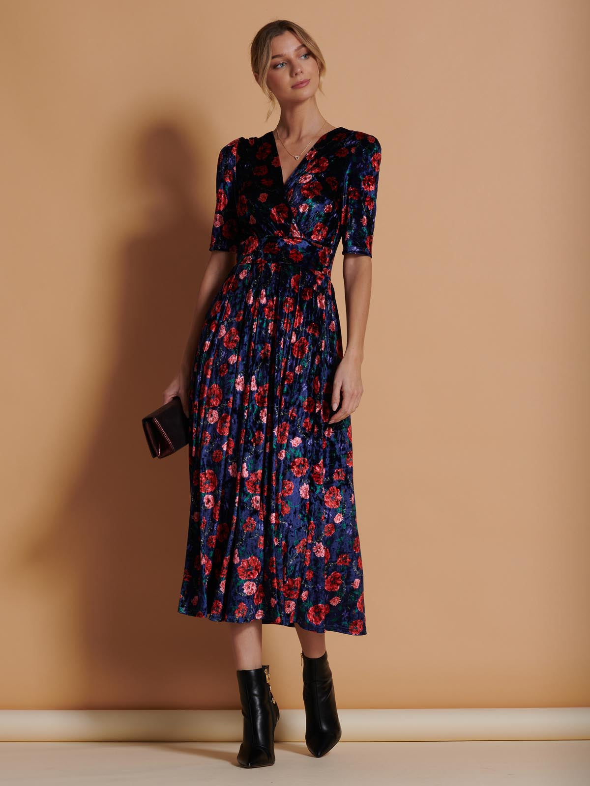 Floral Print Velvet Maxi Dress, Navy Floral