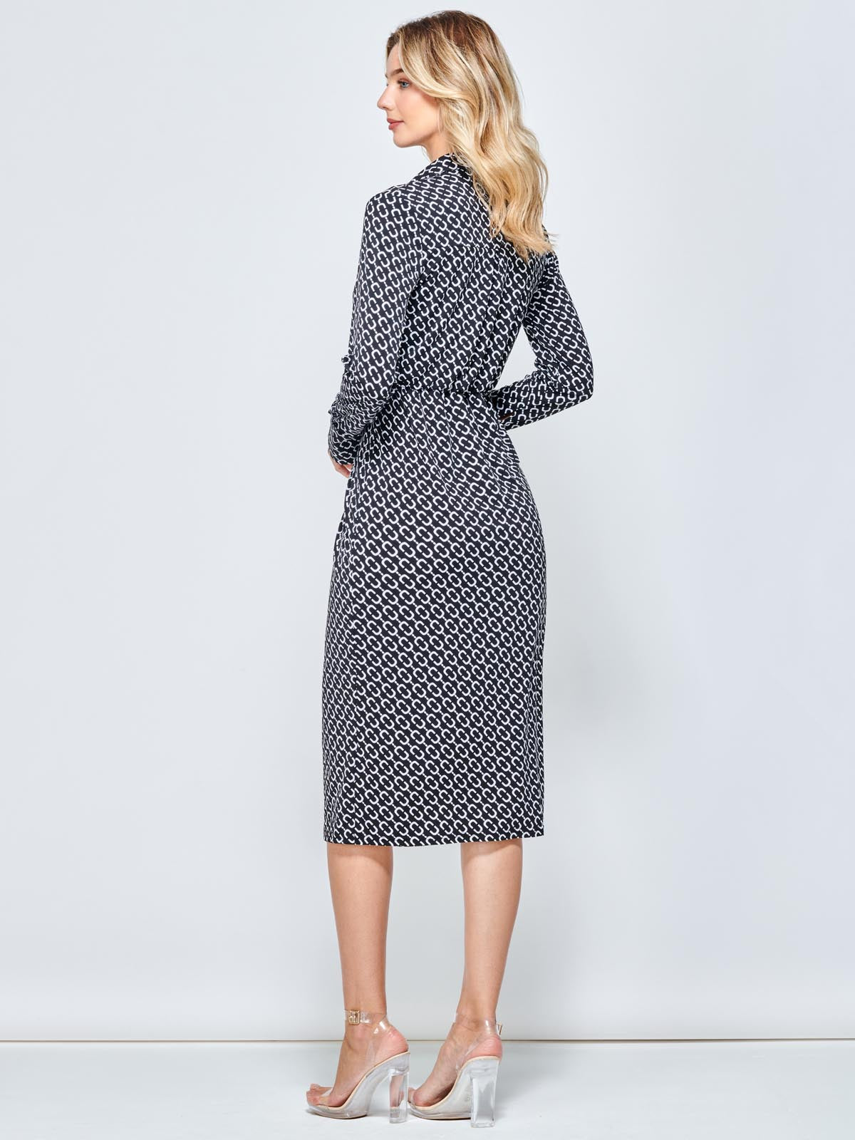 Wrap Twist Detail Midi Shirt Dress, Black Pattern